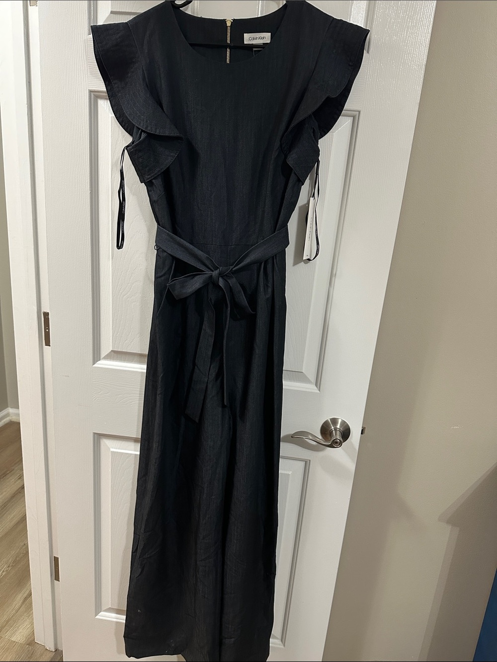 Calvin Klein Black Ruffle-Sleeve wide leg one piece jumper with Waist Tie
